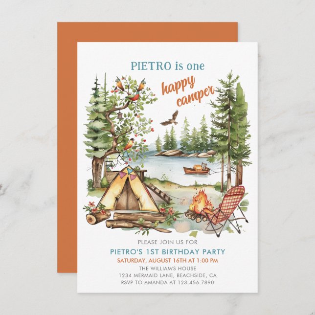 Invitación de primer cumpleaños de un Camper feliz (Anverso / Reverso)