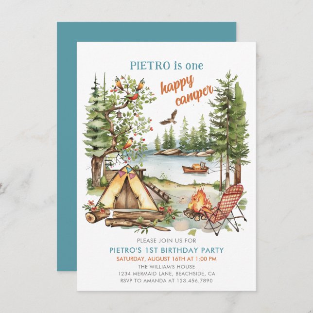 Invitación de primer cumpleaños de un Camper feliz (Anverso / Reverso)