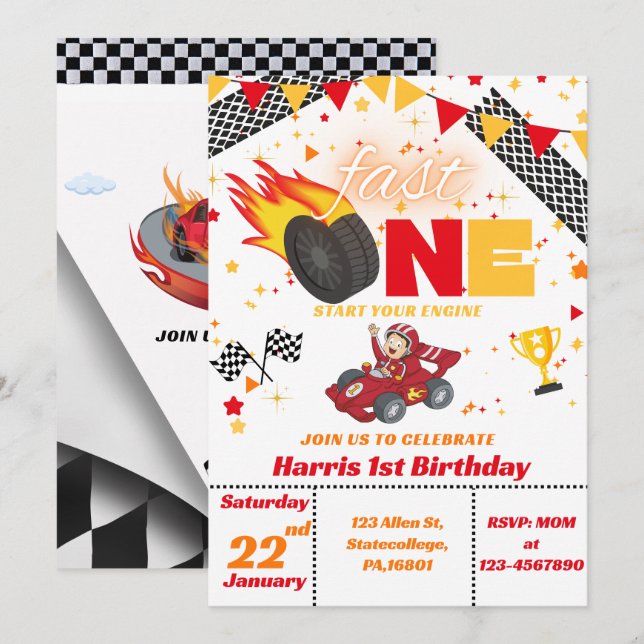 Invitación de primer cumpleaños de un coche/Carrer (Anverso / Reverso)