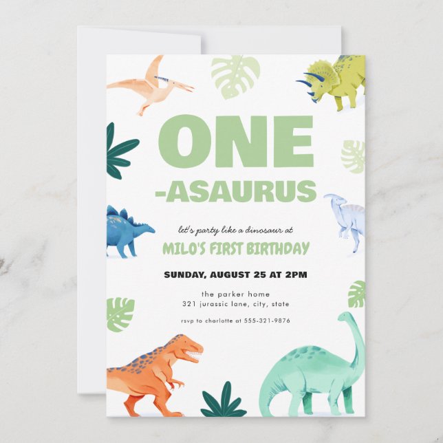 Invitación de primer cumpleaños de un dinosaurio d (Anverso)