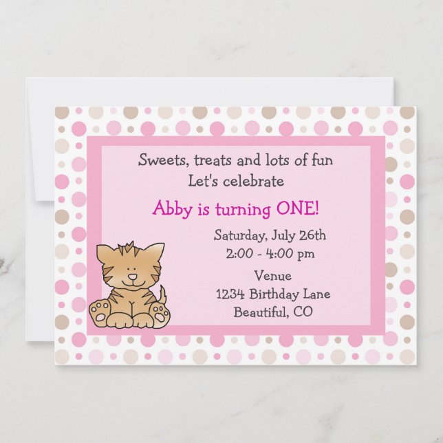 Invitación de primer cumpleaños de un gato kittín  (Anverso)