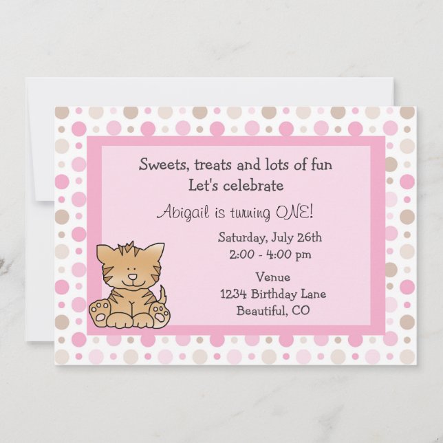 Invitación de primer cumpleaños de un gato kittín  (Anverso)