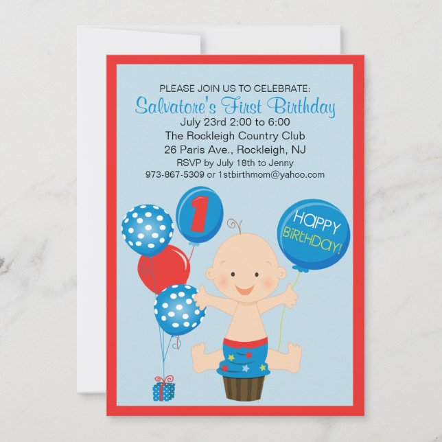 Invitación de primer cumpleaños de un niño con un  (Anverso)