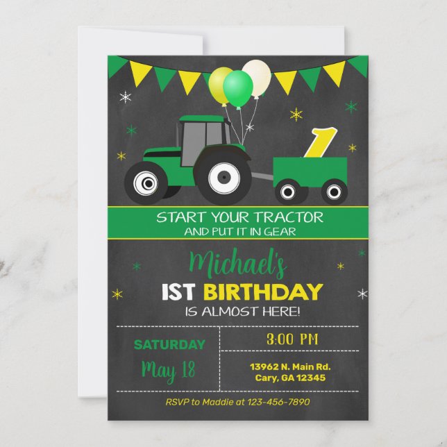 Invitación de primer cumpleaños de un niño tractor (Anverso)