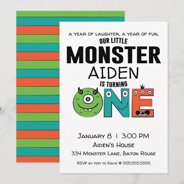Invitación de primer cumpleaños de un pequeño mons (Anverso / Reverso)