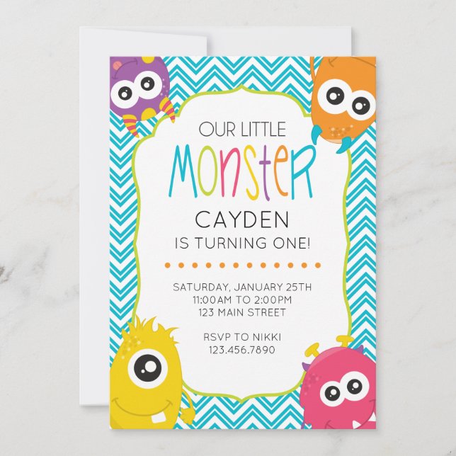 Invitación de primer cumpleaños de un pequeño mons (Anverso)