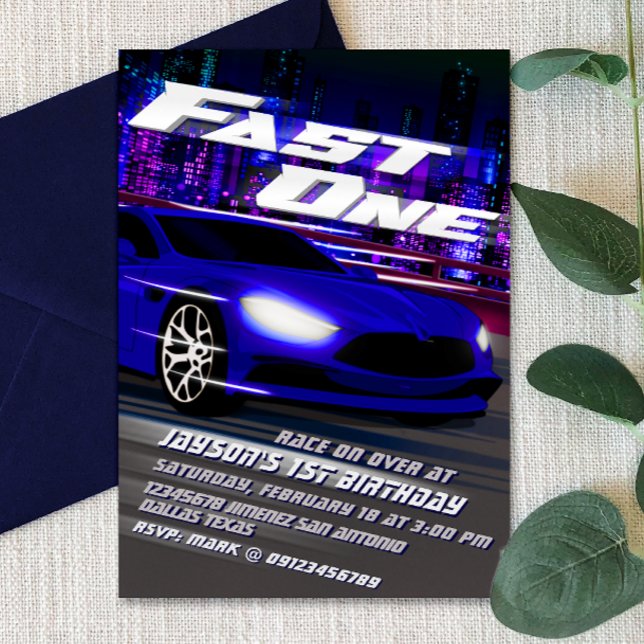 Invitación de primer cumpleaños de una Carreras rá (Fast One - 1st Birthday Racing Boy Invitation)