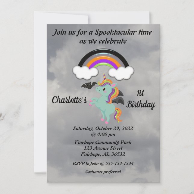 Invitación de primer cumpleaños de Unicornio espel (Anverso)