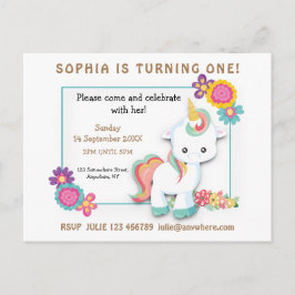 Invitación de primer cumpleaños de unicornio flora