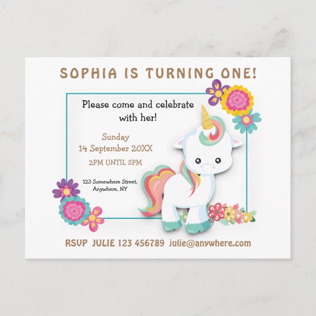 Invitación de primer cumpleaños de unicornio flora (Anverso)