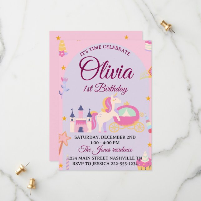 Invitación de primer cumpleaños de unicornio mágic (Anverso/Reverso In Situ)