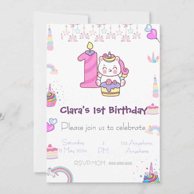Invitación de primer cumpleaños de Unicornio mágic (Anverso)