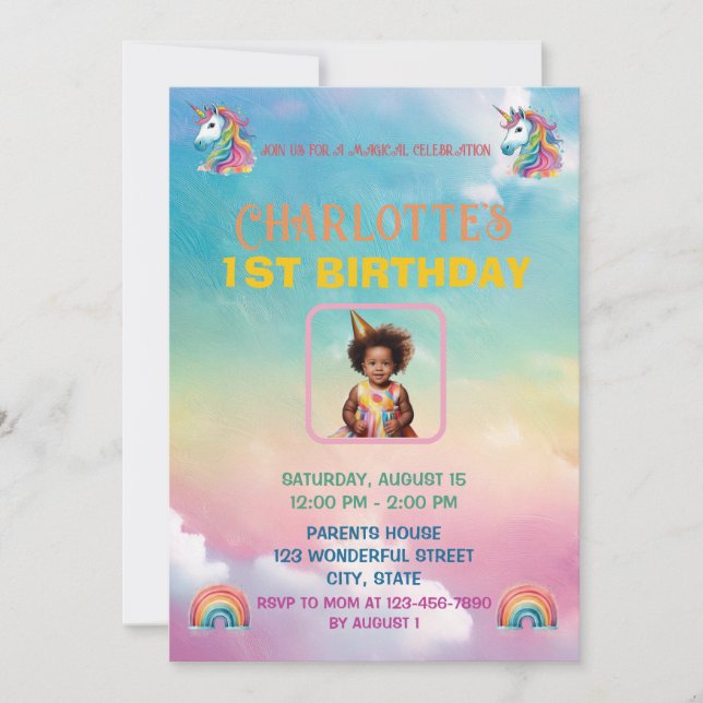 Invitación de primer cumpleaños de Unicornio mágic (Anverso)