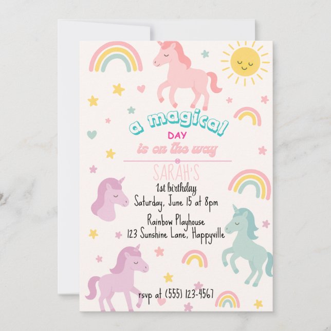 Invitación de primer cumpleaños de unicornio mágic (Anverso)