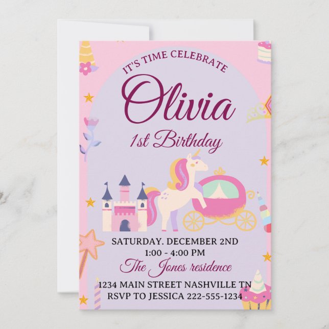 Invitación de primer cumpleaños de unicornio mágic (Anverso)