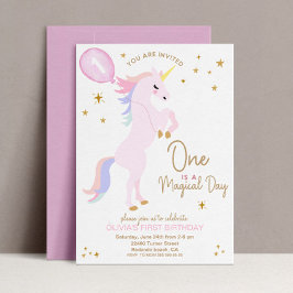 Invitación de primer cumpleaños de Unicornio Rosa