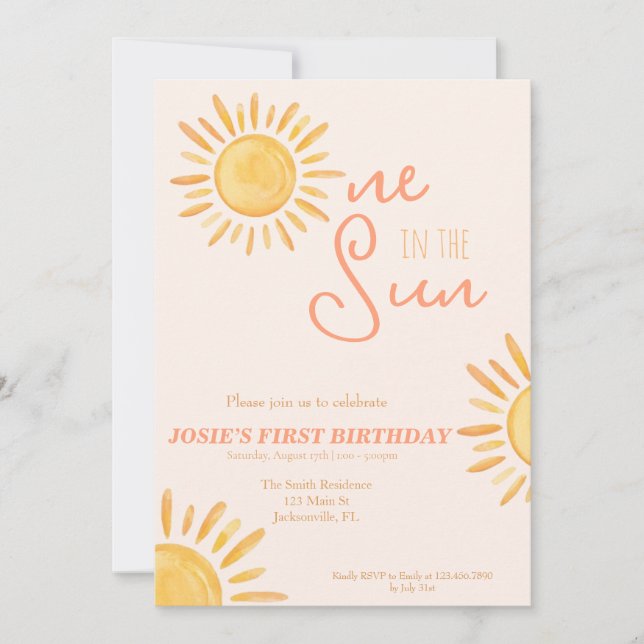 Invitación de primer cumpleaños de uno en el sol (Anverso)
