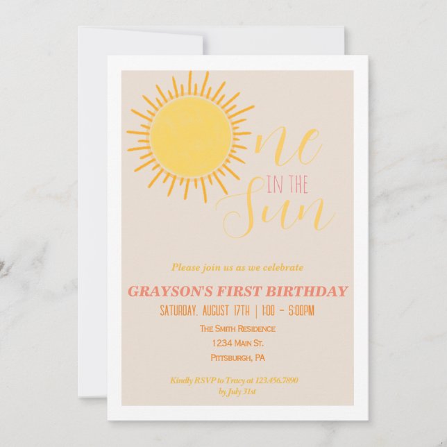 Invitación de primer cumpleaños de uno en el sol (Anverso)