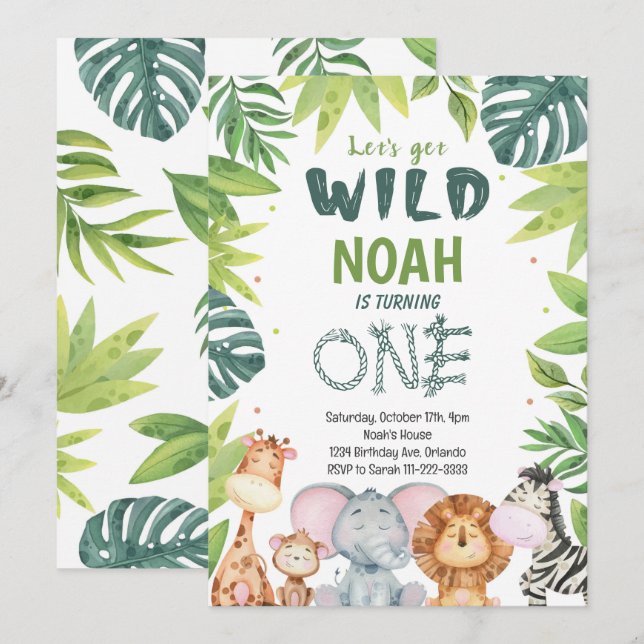 Invitación de primer cumpleaños de Watercolor Wild (Anverso / Reverso)