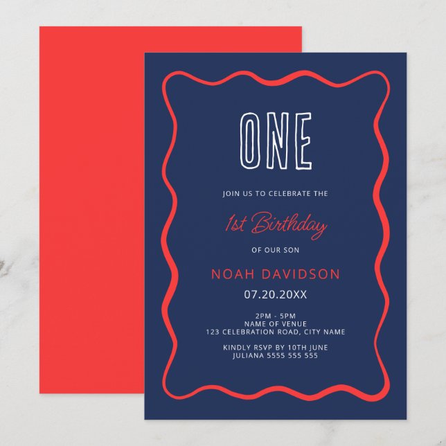 Invitación de primer cumpleaños de Wavy Red y Blue (Anverso / Reverso)