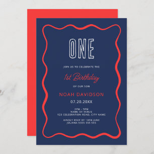 Invitación de primer cumpleaños de Wavy Red y Blue