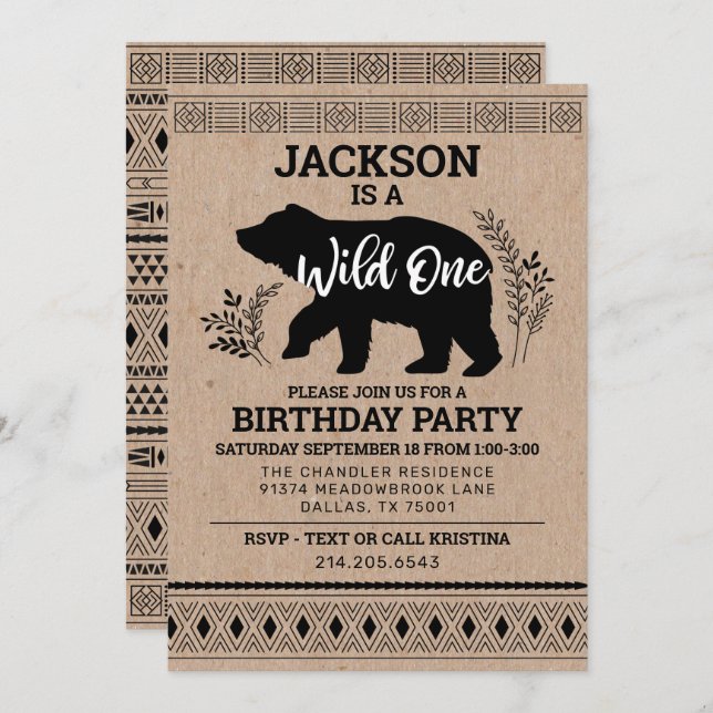 Invitación de primer cumpleaños de Wild One Bear (Anverso / Reverso)