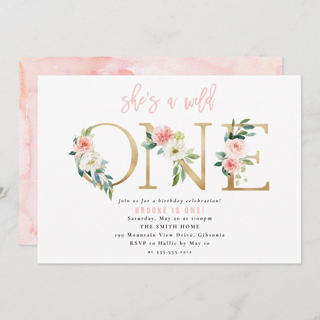 Invitación de primer cumpleaños de WILD One Floral (Anverso / Reverso)