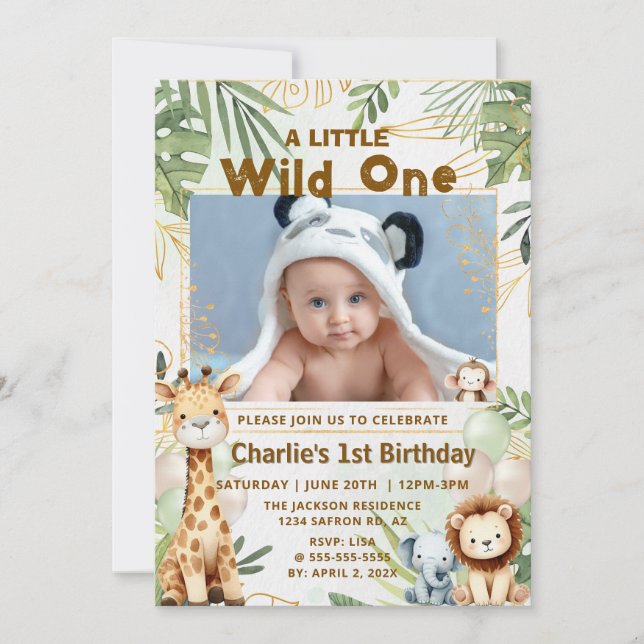Invitación de primer cumpleaños de Wild One Safari (Anverso)
