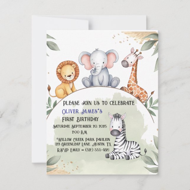 Invitación de primer cumpleaños de Wild One Safari (Anverso)