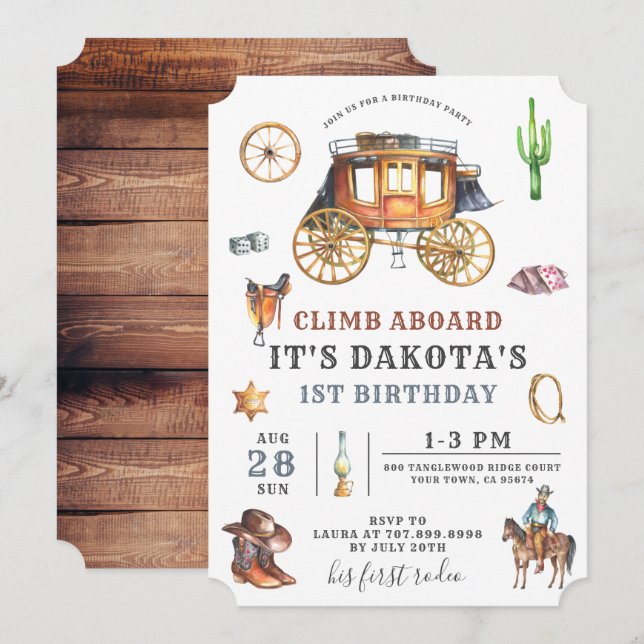 Invitación de primer cumpleaños de Wild West Cowbo (Anverso / Reverso)