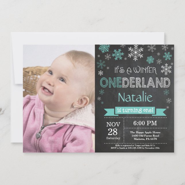 Invitación de primer cumpleaños de Winter Onederla (Anverso)