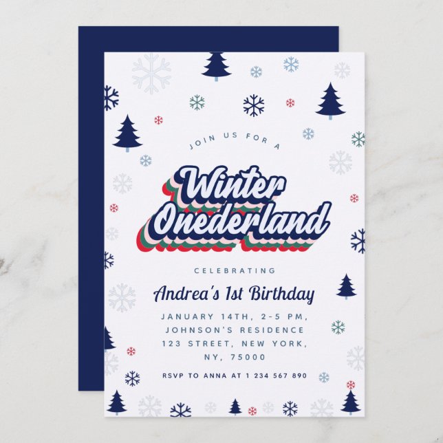 Invitación de primer cumpleaños de Winter Onederla (Anverso / Reverso)
