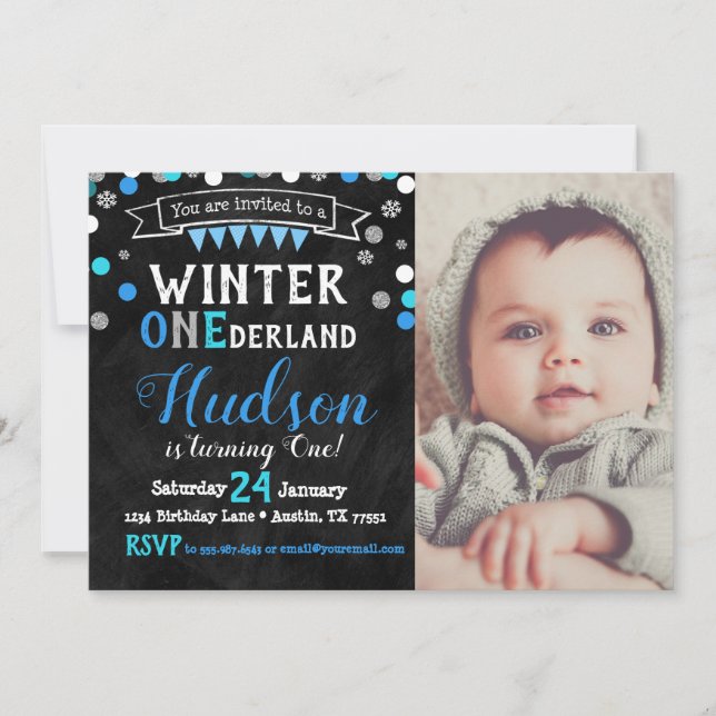 Invitación de primer cumpleaños de Winter Onederla (Anverso)