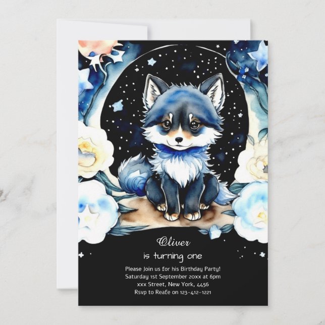 Invitación de primer cumpleaños de Wolf (Anverso)
