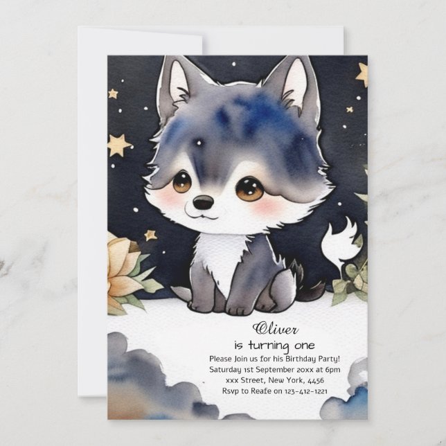 Invitación de primer cumpleaños de Wolf (Anverso)