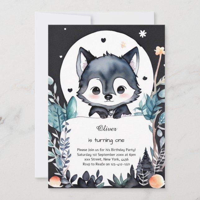 Invitación de primer cumpleaños de Wolf (Anverso)