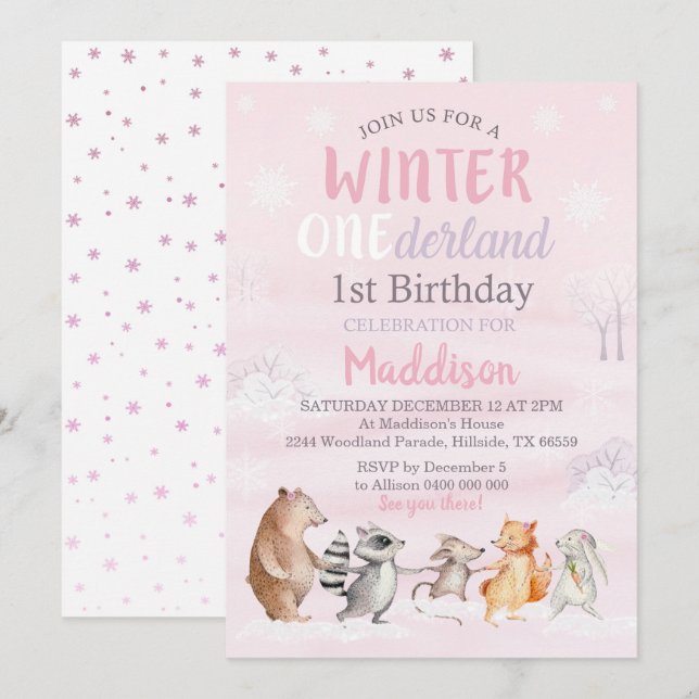 Invitación de primer cumpleaños de Woodland Chica (Anverso / Reverso)