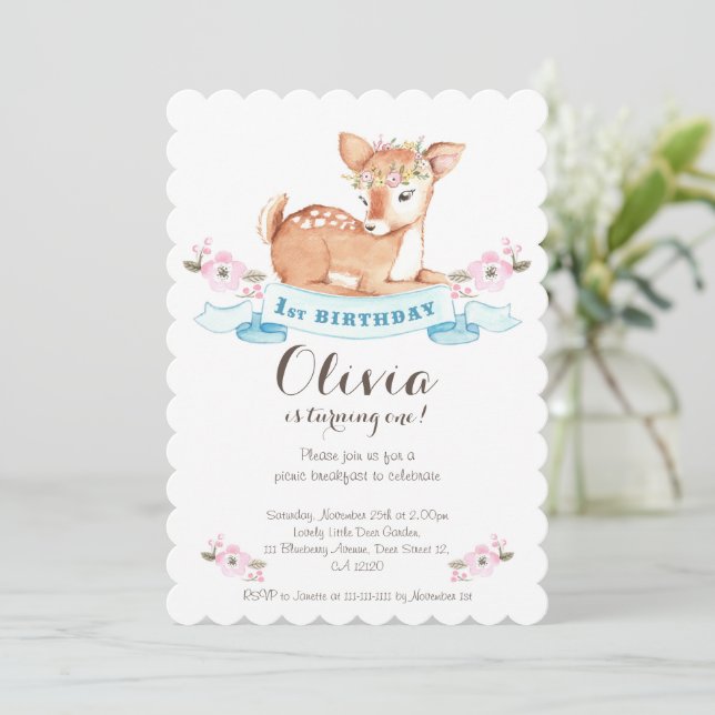 Invitación de primer cumpleaños de Woodland Deer (Anverso de pie)