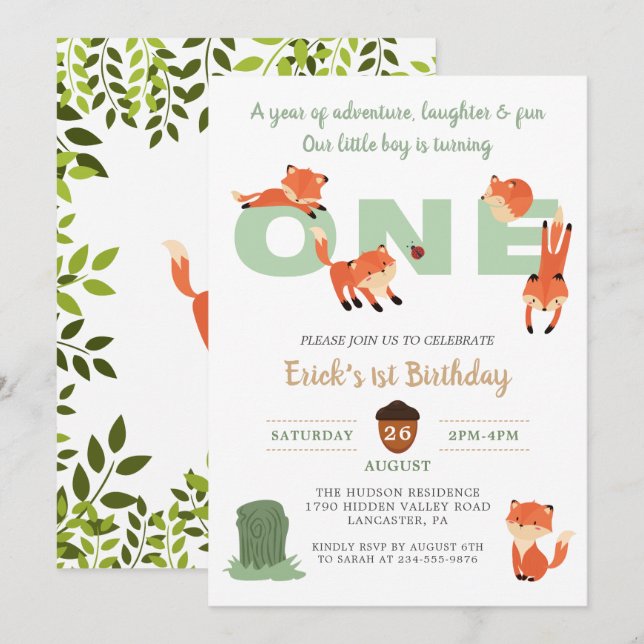 Invitación de primer cumpleaños de Woodland Forest (Anverso / Reverso)