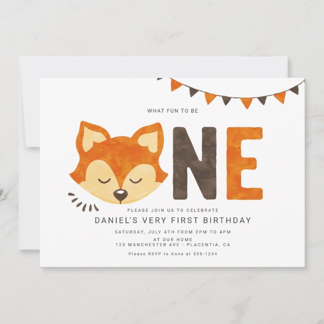 Invitación de primer cumpleaños de Woodland Fox mi (Anverso)
