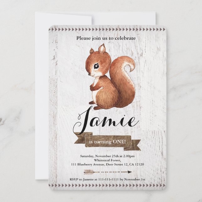 Invitación de primer cumpleaños de Woodland Squirr (Anverso)