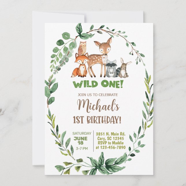 Invitación de primer cumpleaños de Woodland Wild O (Anverso)