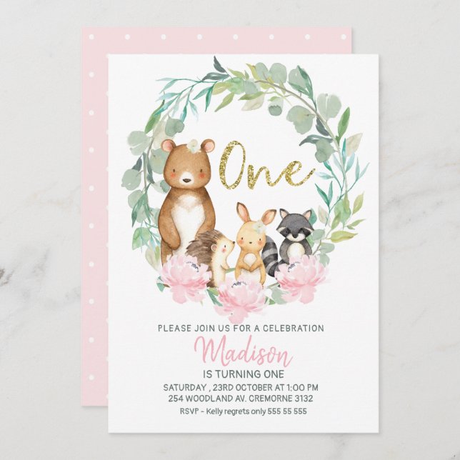 Invitación de primer cumpleaños de Woodland Wreath (Anverso / Reverso)