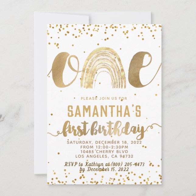 Invitación de primer cumpleaños del arco iris (Anverso)