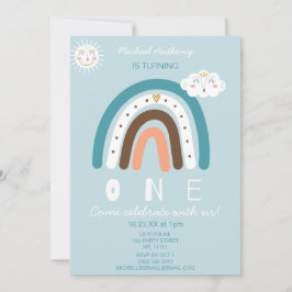 Invitación de primer cumpleaños del arcoiris azul