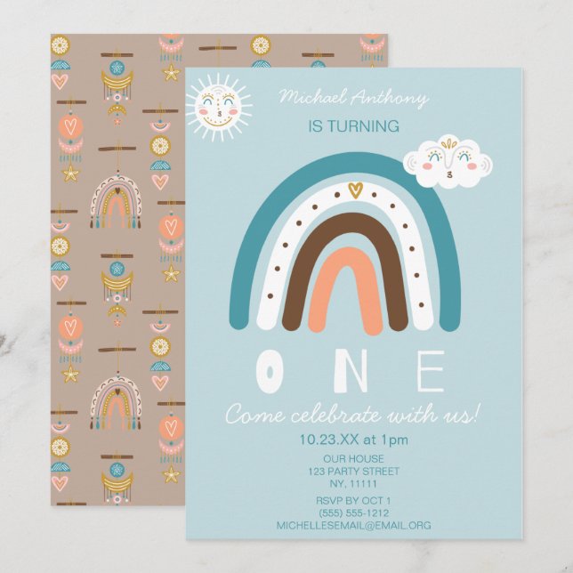 Invitación de primer cumpleaños del arcoiris azul (Anverso / Reverso)