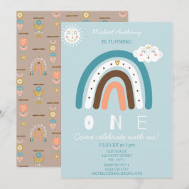 Invitación de primer cumpleaños del arcoiris azul