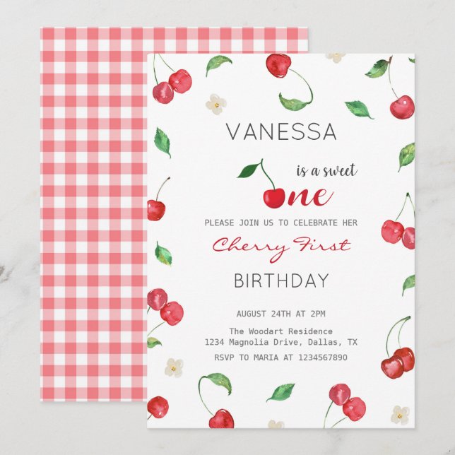 Invitación de primer cumpleaños del Chica de cerez (Anverso / Reverso)