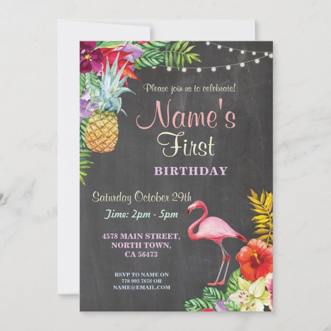 Invitación de primer cumpleaños del Chica Flamingo (Anverso)