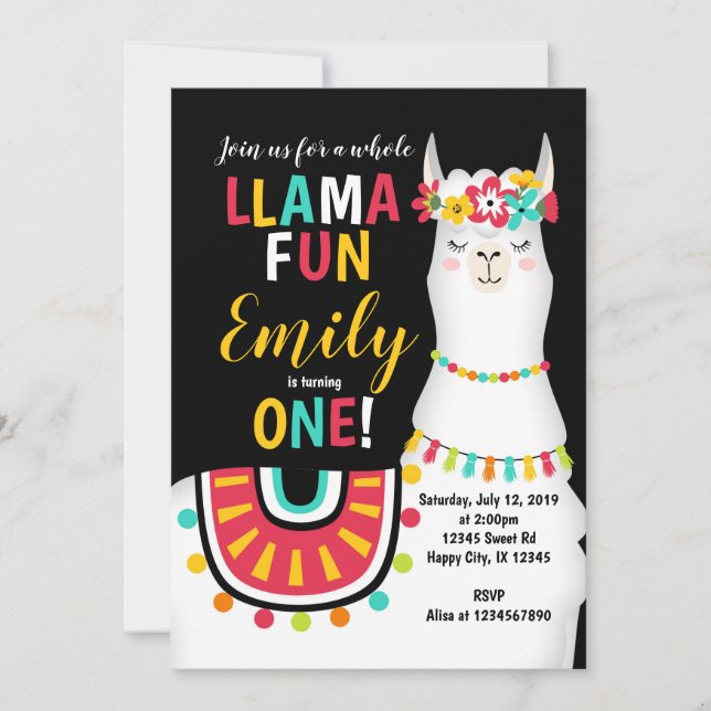 Invitación de primer cumpleaños del chica Llama (Anverso)